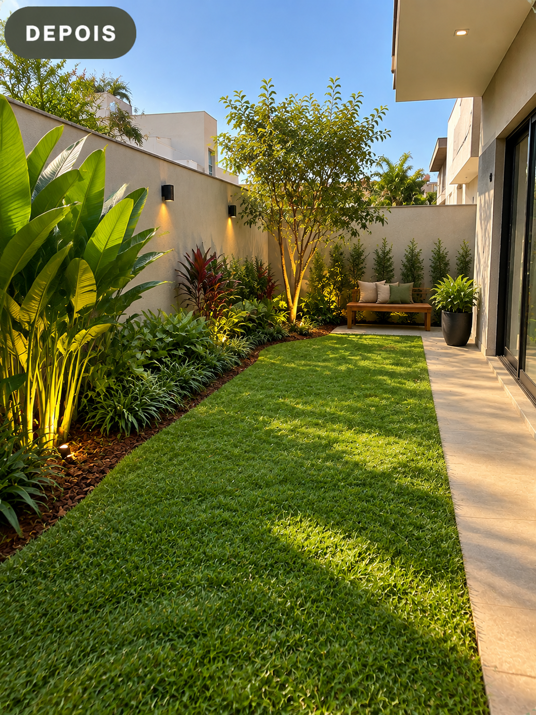 Espaço externo depois do paisagismo, organizado e verde