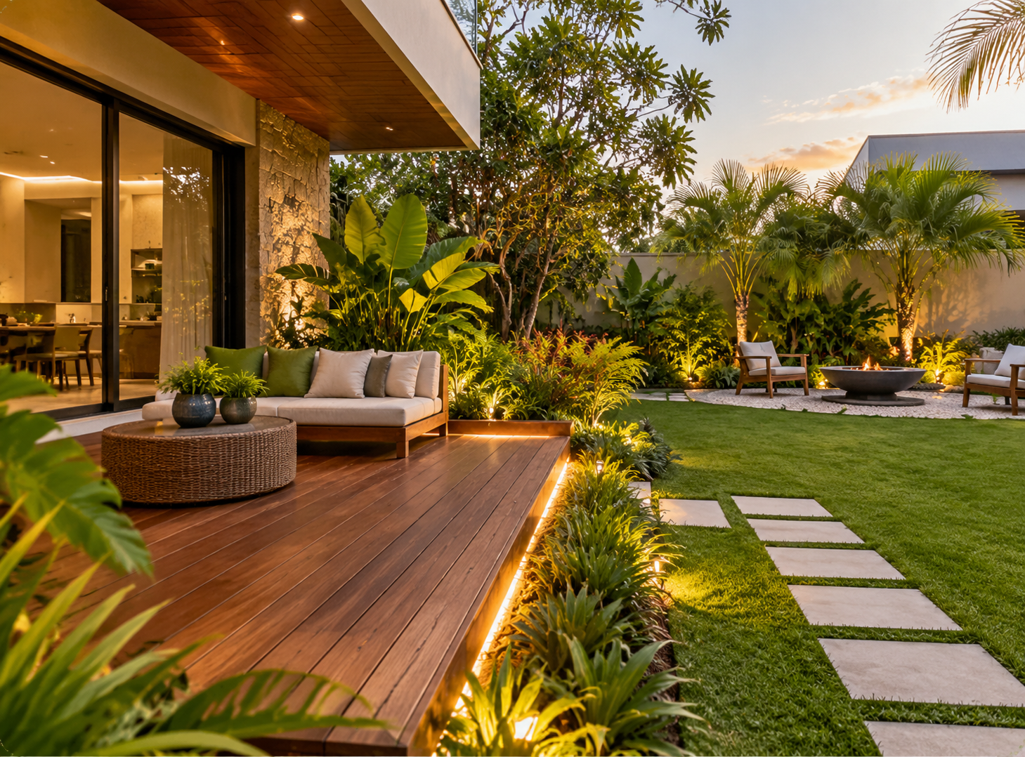 Projeto de jardim com deck de madeira